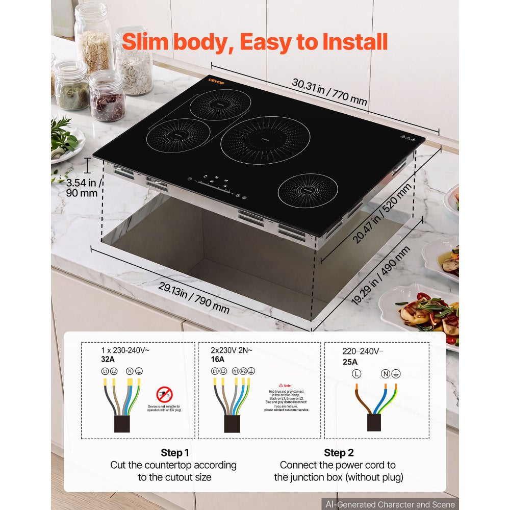 VEVOR Induction Cooktop 30inch 4 Burners Built-in Electric Stove 220V 7500W, Low-Power Continuous Heating, Induction Burner for Kitchen, with 9 Power Levels, LED Touch Screen, and Child Lock