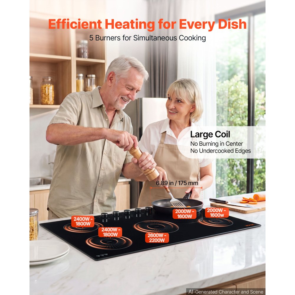 VEVOR Induction Cooktop 36inch 5 Burners Built-in Electric Stove 220V 9200W, Low-Power Continuous Heating, Induction Burner for Kitchen, with 11 Power Levels, Knob Control, and Child Lock