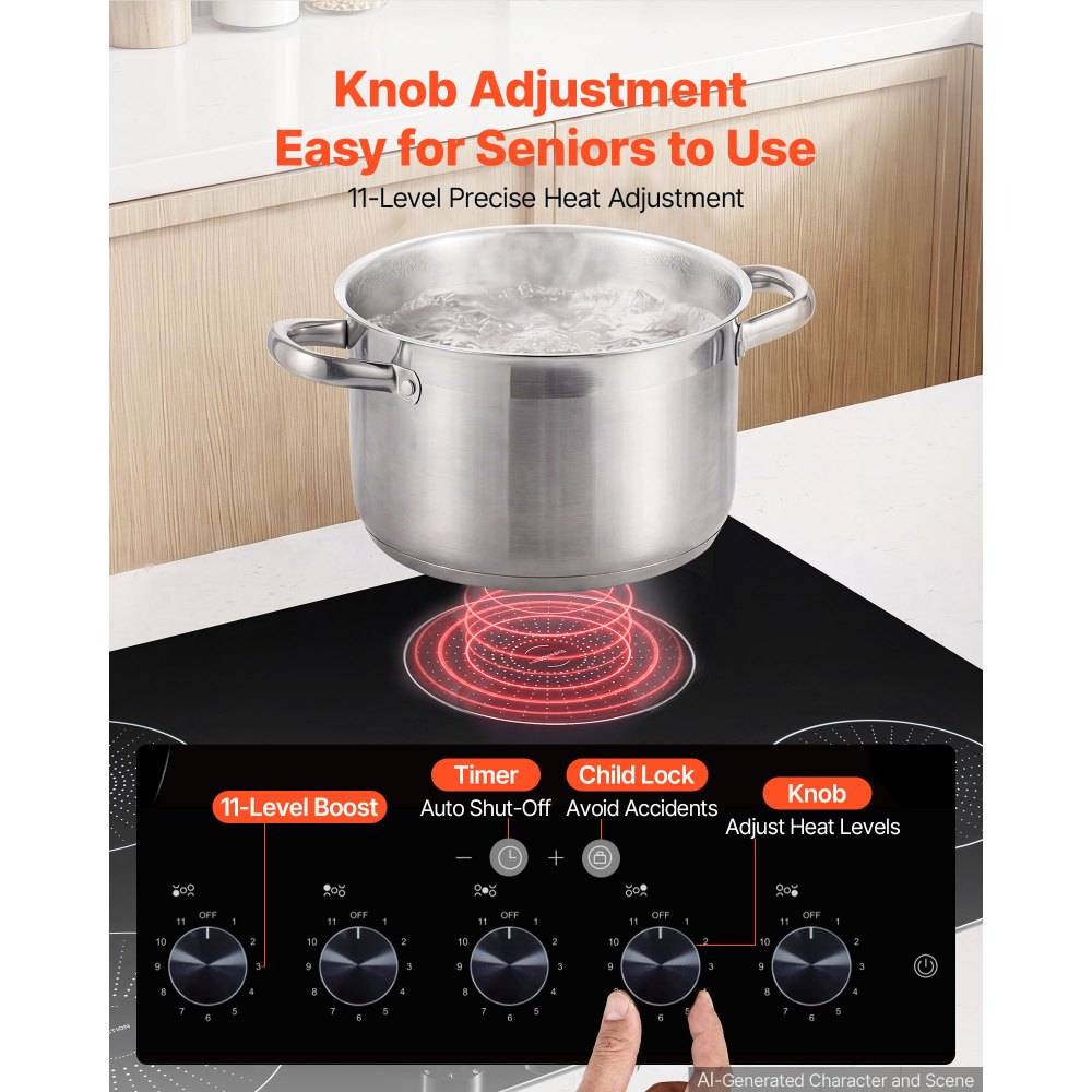 VEVOR Induction Cooktop 36inch 5 Burners Built-in Electric Stove 220V 9200W, Low-Power Continuous Heating, Induction Burner for Kitchen, with 11 Power Levels, Knob Control, and Child Lock