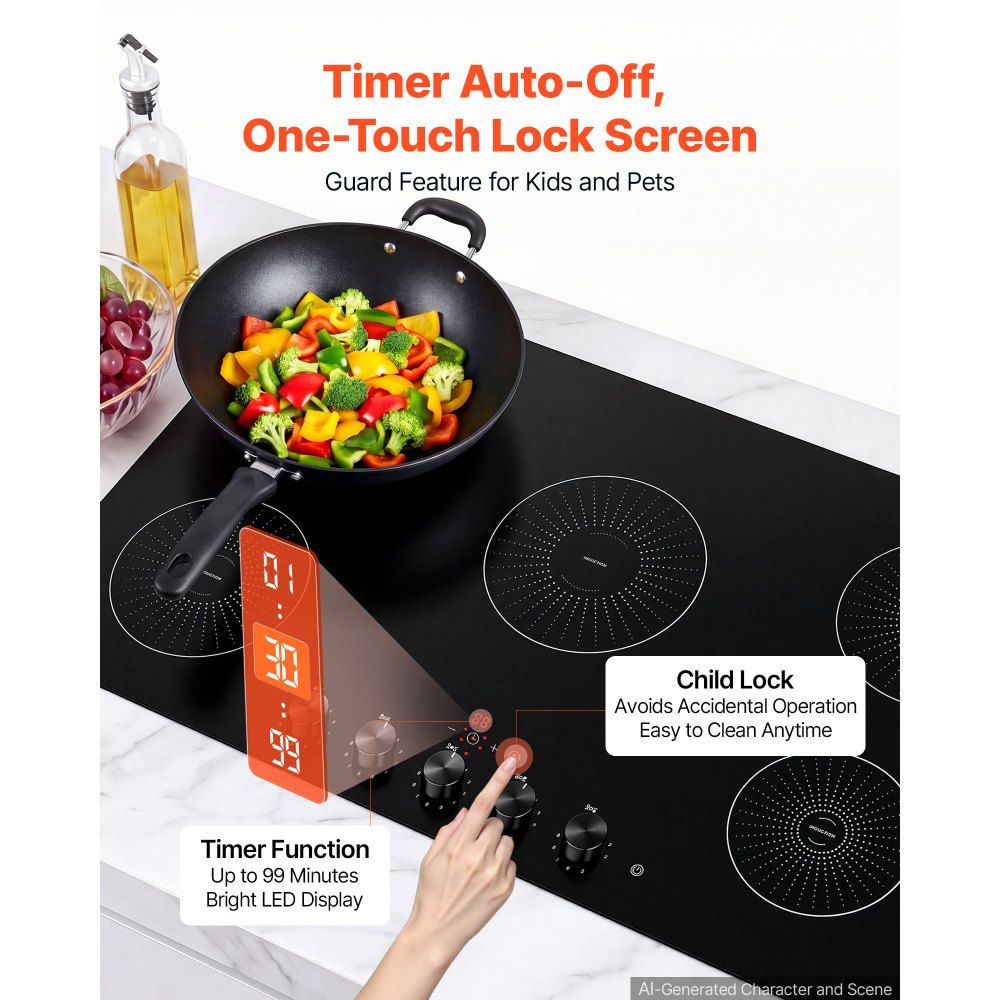 VEVOR Induction Cooktop 36inch 5 Burners Built-in Electric Stove 220V 9200W, Low-Power Continuous Heating, Induction Burner for Kitchen, with 11 Power Levels, Knob Control, and Child Lock