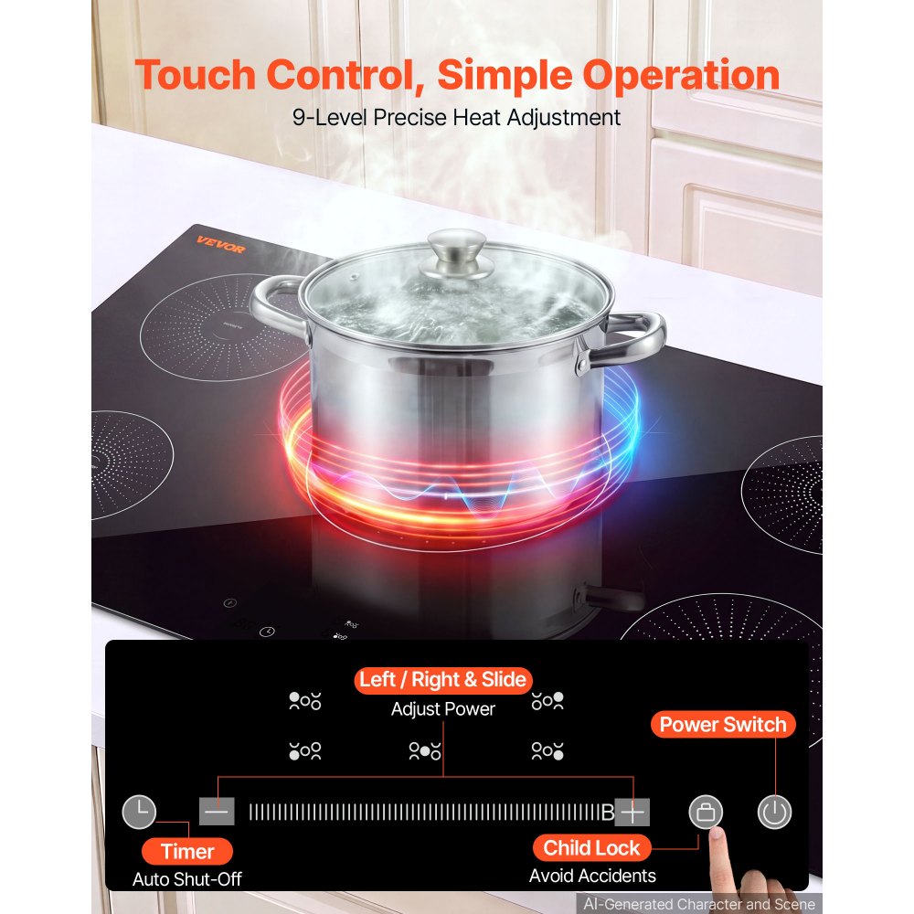 VEVOR Induction Cooktop 36inch 5 Burners Built-in Electric Stove 220V 9200W, Low-Power Continuous Heating, Induction Burner for Kitchen, with 9 Power Levels, LED Touch Screen, and Child Lock