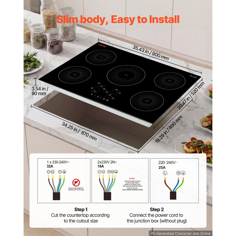 VEVOR Induction Cooktop 36in 5 Burners Built-in Electric Stove 220V 9200W, Low-Power Continuous Heating, Induction Burner for Kitchen, 9 Power Levels, LED Touch Screen, Ceramic Glass, and Child Lock
