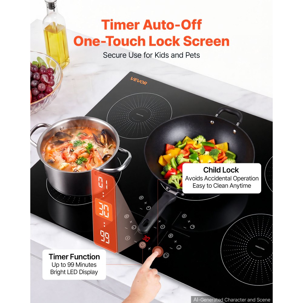 VEVOR Induction Cooktop 36in 5 Burners Built-in Electric Stove 220V 9200W, Low-Power Continuous Heating, Induction Burner for Kitchen, 9 Power Levels, LED Touch Screen, Ceramic Glass, and Child Lock
