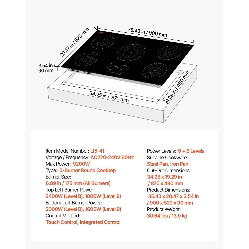 VEVOR Induction Cooktop 36in 5 Burners Built-in Electric Stove 220V 9200W, Low-Power Continuous Heating, Induction Burner for Kitchen, 9 Power Levels, LED Touch Screen, Ceramic Glass, and Child Lock