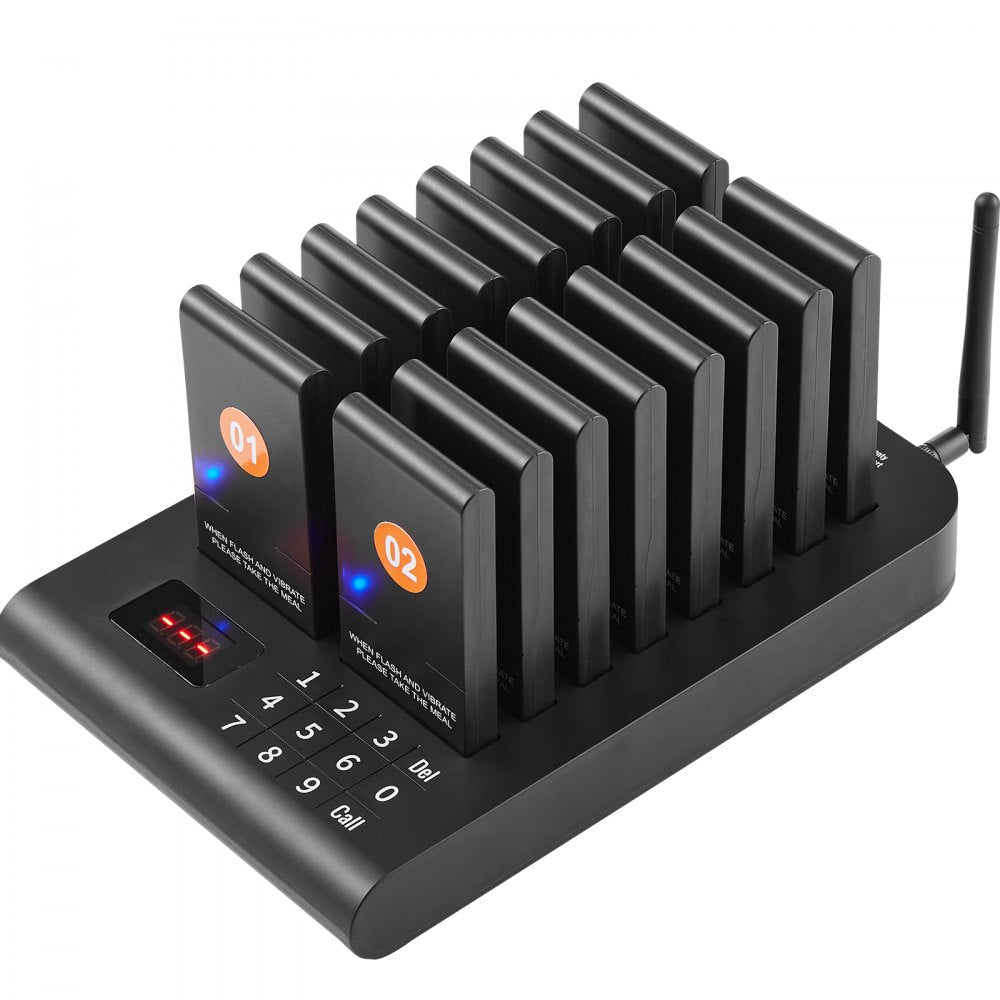 VEVOR Restaurant Pager System, Wireless 500m Long Range Lineup Waiting Queue Signal, Guest Customer Calling Beepers with Vibration & Flashing, 16 Buzzers for Food Truck, Church, Nursery, Hospital