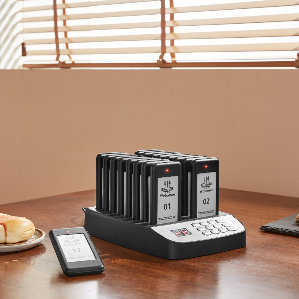 VEVOR Restaurant Pager System, Wireless 500m Long Range Lineup Waiting Queue Signal, Guest Customer Calling Beepers with Vibration & Flashing, 16 Buzzers for Food Truck, Church, Nursery, Hospital