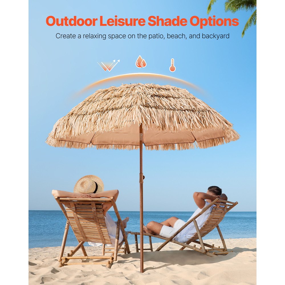 VEVOR Tiki Umbrella, 6.5 ft Thatched Patio Umbrella with Tilt, Hawaiian Style Beach Parasol with Durable PP Thatch and 8 Metal Ribs, Grass Pool Umbrellas for Beach, Patio, Poolside, Backyard & Garden