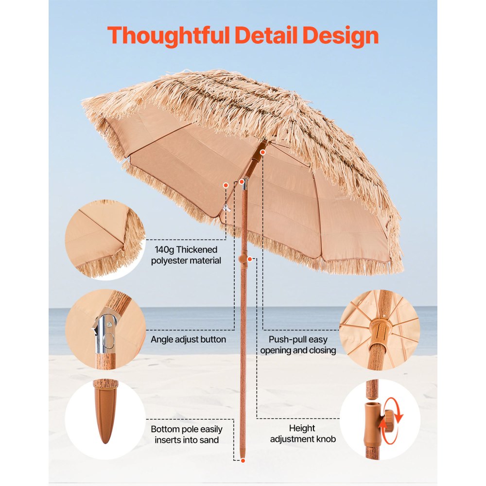 VEVOR Tiki Umbrella 6 ft Thatched Patio Umbrella with Tilt Hawaiian Style Beach Parasol with Durable PP Thatch and 8 Metal Ribs Grass Pool Umbrellas
