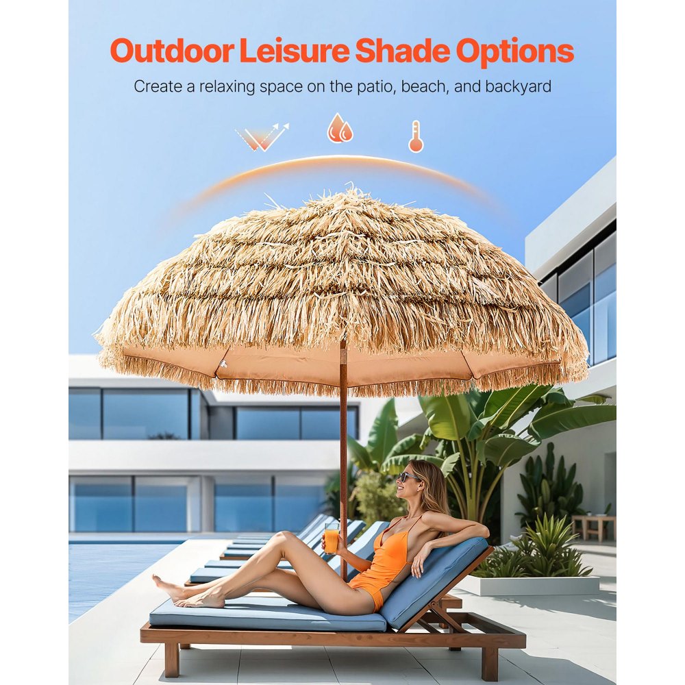 VEVOR Tiki Umbrella, 8 ft Thatched Patio Umbrella with Tilt, Hawaiian Style Beach Parasol with Durable PP Thatch and 8 Metal Ribs, Grass Pool Umbrellas for Beach, Patio, Poolside, Backyard & Garden