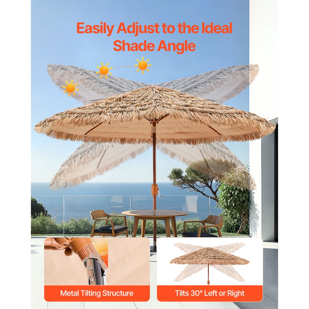 VEVOR Tiki Umbrella, 9 ft Thatched Patio Umbrella with Tilt, Hawaiian Style Beach Parasol with Durable PP Thatch and 8 Metal Ribs, Grass Pool Umbrellas for Beach, Patio, Poolside, Backyard & Garden