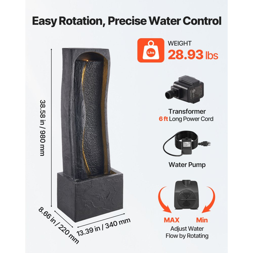 VEVOR Outdoor Water Fountain, 38.58 in Height Fountain and Waterfall, 1-Tier Floor Standing Rock Base Style Fountains with with LED Light and Pump, for Outdoor Indoor Garden, Home, Patio & Backyard