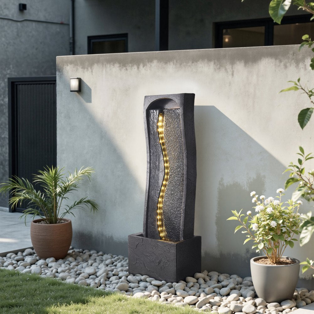VEVOR Outdoor Water Fountain, 38.58 in Height Fountain and Waterfall, 1-Tier Floor Standing Rock Base Style Fountains with with LED Light and Pump, for Outdoor Indoor Garden, Home, Patio & Backyard