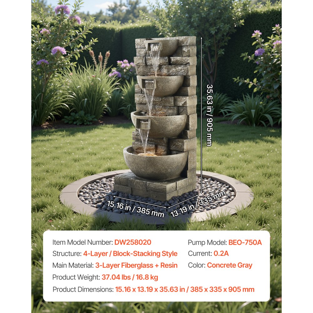 VEVOR Outdoor Water Fountain, 35.63 in Height Fountain and Waterfall, 4-Tier Floor Standing Cascading Fountains with LED Light and Pump, Block Stack Style, for Outdoor Indoor Garden, Patio & Backyard