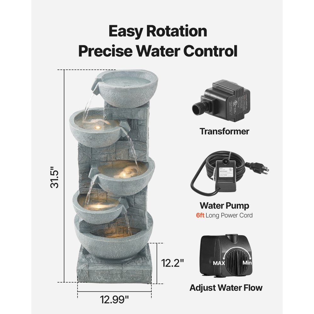 VEVOR Outdoor Water Fountain, 31.5 in Height Fountain and Waterfall, 5-Tier Floor Standing Bowl-Shaped Cascading Fountains with LED Light and Pump, for Outdoor Indoor Garden, Home, Patio & Backyard
