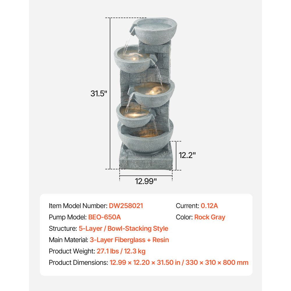 VEVOR Outdoor Water Fountain, 31.5 in Height Fountain and Waterfall, 5-Tier Floor Standing Bowl-Shaped Cascading Fountains with LED Light and Pump, for Outdoor Indoor Garden, Home, Patio & Backyard