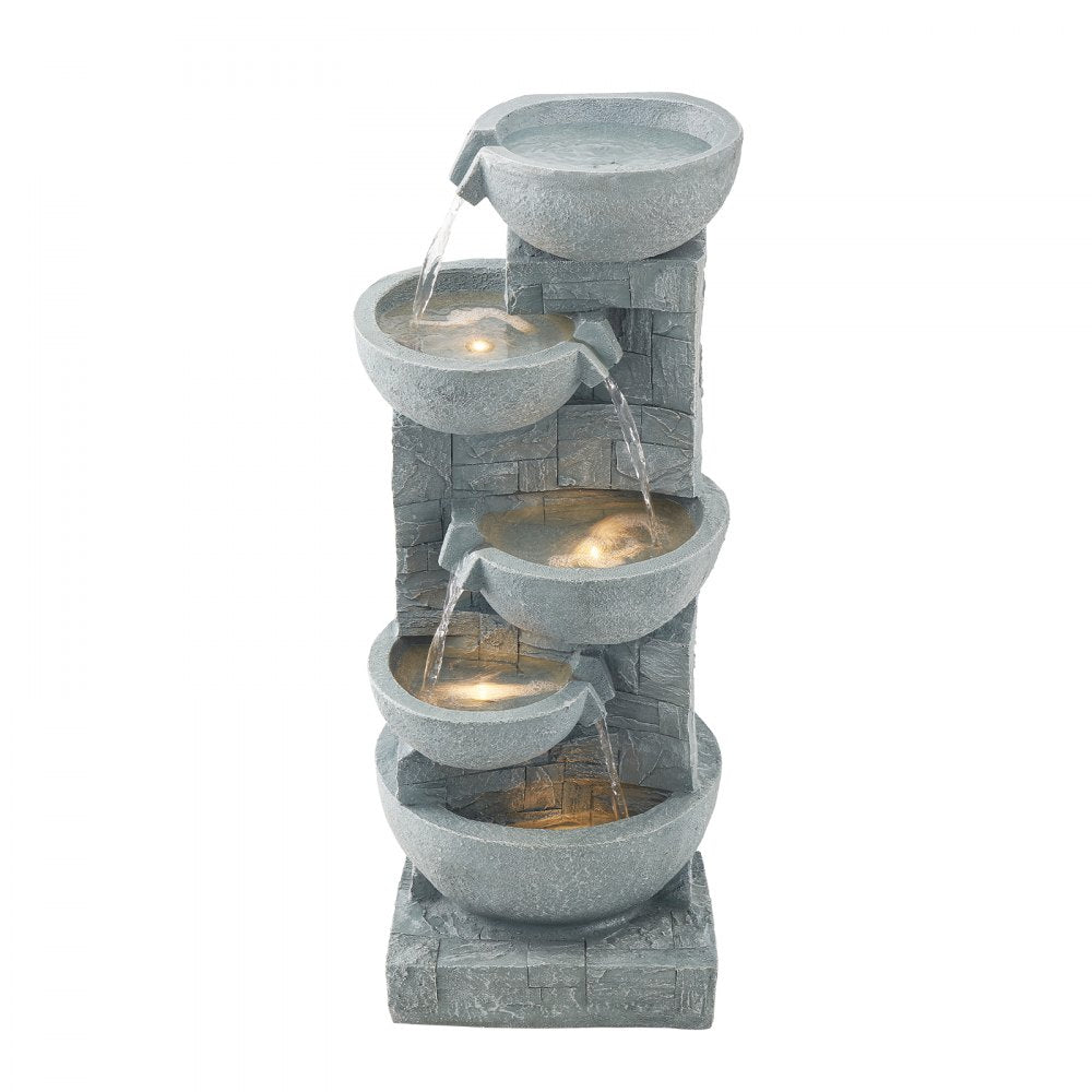 VEVOR Outdoor Water Fountain, 31.5 in Height Fountain and Waterfall, 5-Tier Floor Standing Bowl-Shaped Cascading Fountains with LED Light and Pump, for Outdoor Indoor Garden, Home, Patio & Backyard