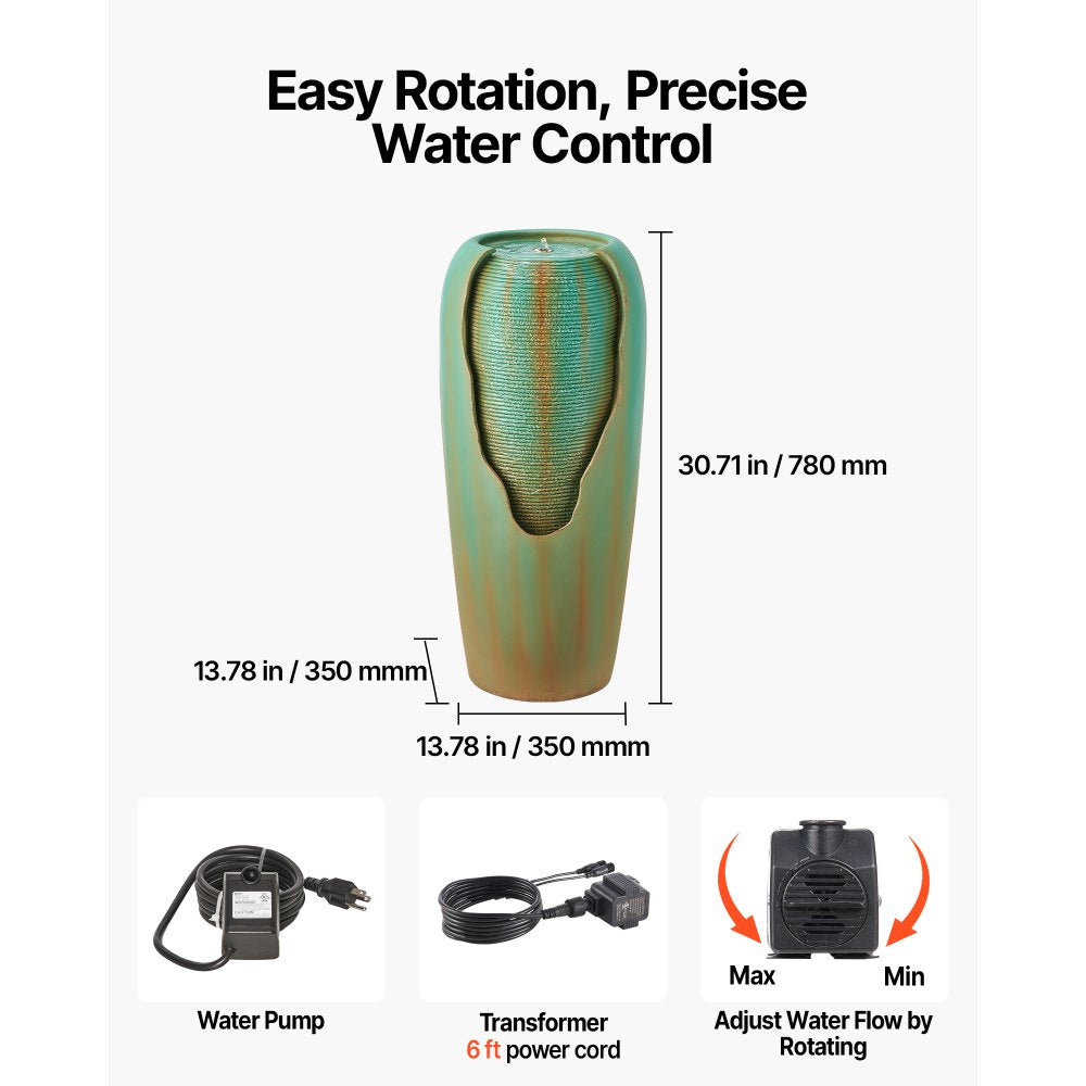 VEVOR Outdoor Water Fountain, 30.71 in Height Fountain and Waterfall, 1-Tier Floor Standing Glazed Jar Style Fountains with LED Light and Pump, for Outdoor Indoor Garden, Home, Patio & Yard (Green)