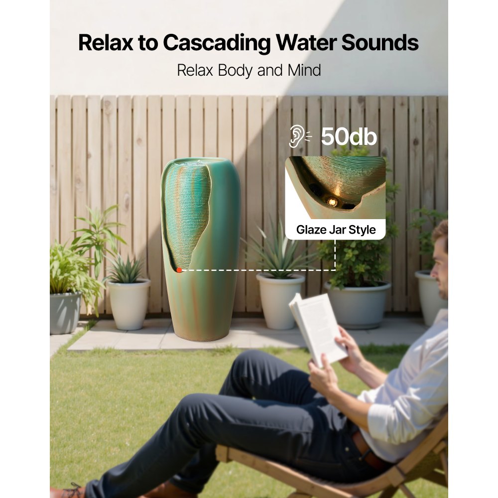 VEVOR Outdoor Water Fountain, 30.71 in Height Fountain and Waterfall, 1-Tier Floor Standing Glazed Jar Style Fountains with LED Light and Pump, for Outdoor Indoor Garden, Home, Patio & Yard (Green)