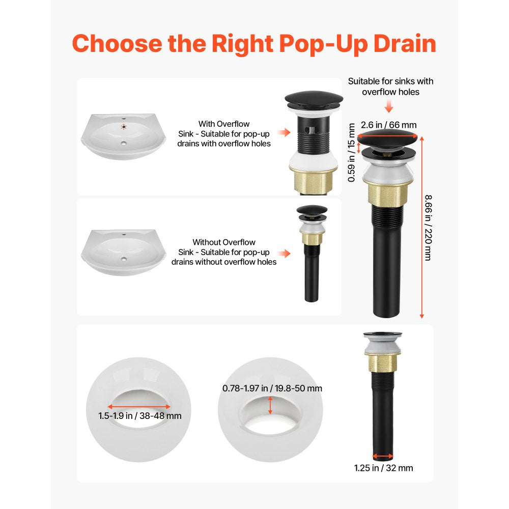 VEVOR Bathroom Sink Drain with Overflow, Brass and 304 Stainless Steel Pop Up Drains, Anti-Clogging Vessel Sink Drain Strainer, All Metal Hair Catcher Drains Stopper, for Sinks with Overflow Holes