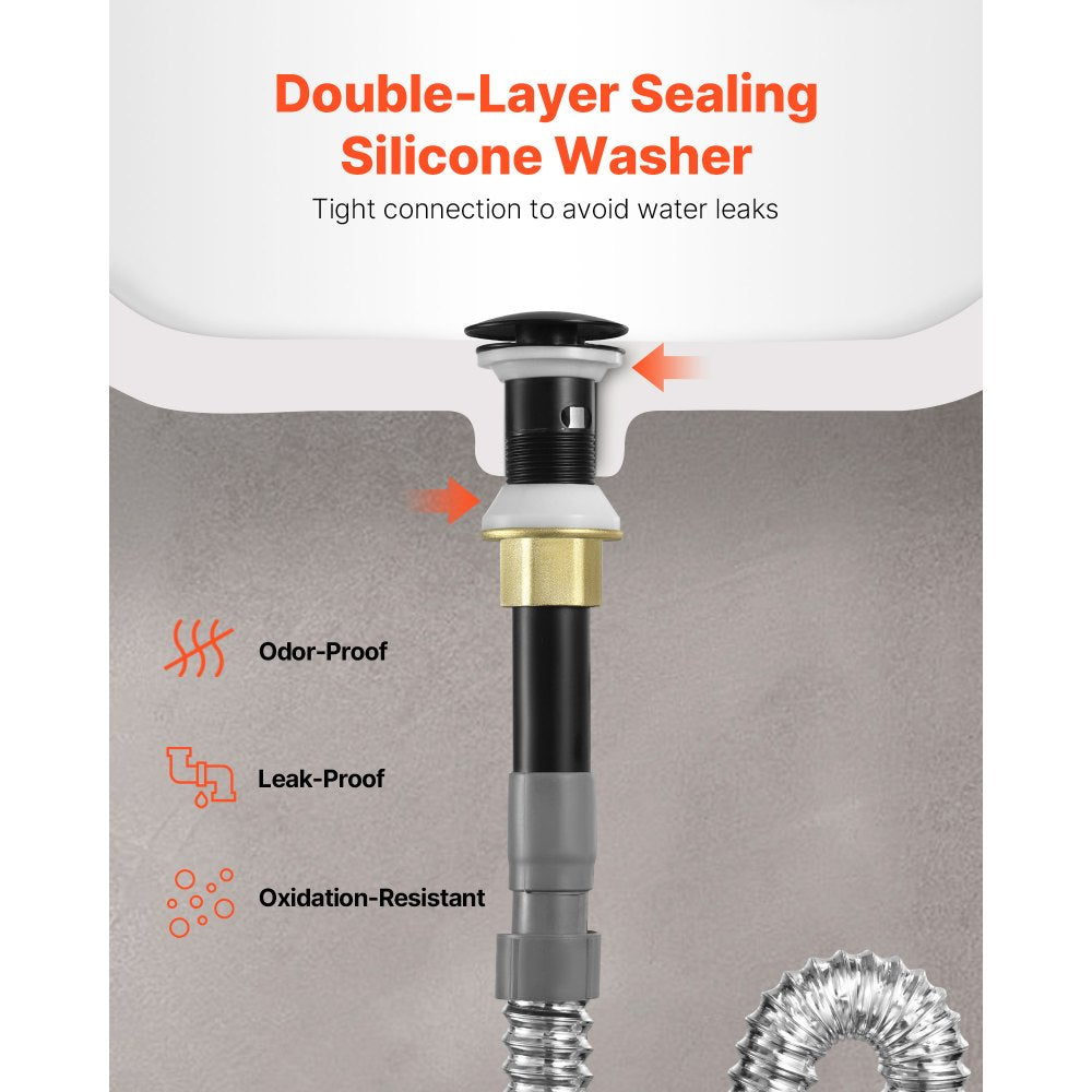 VEVOR Bathroom Sink Drain with Overflow, Brass and 304 Stainless Steel Pop Up Drains, Anti-Clogging Vessel Sink Drain Strainer, All Metal Hair Catcher Drains Stopper, for Sinks with Overflow Holes
