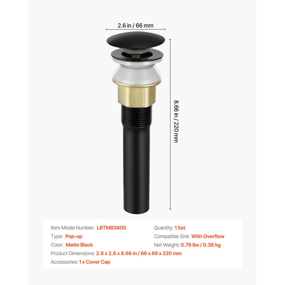 VEVOR Bathroom Sink Drain with Overflow, Brass and 304 Stainless Steel Pop Up Drains, Anti-Clogging Vessel Sink Drain Strainer, All Metal Hair Catcher Drains Stopper, for Sinks with Overflow Holes