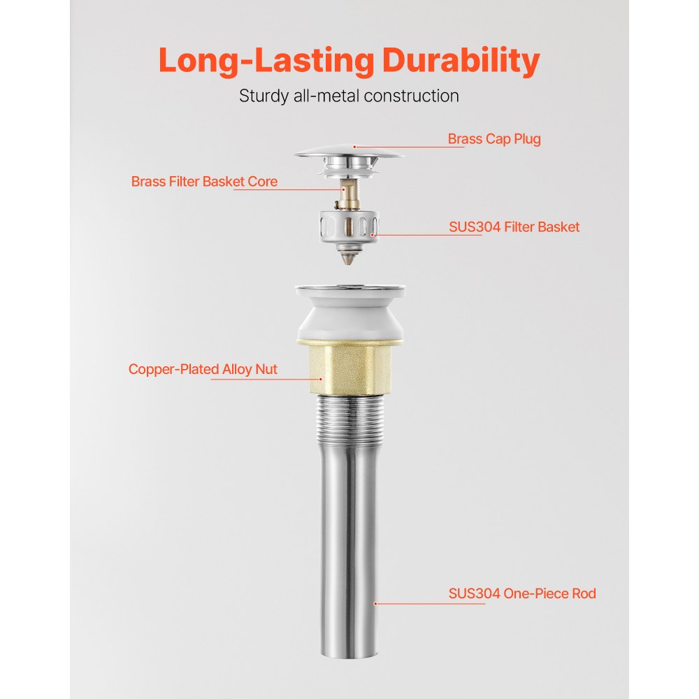VEVOR Bathroom Sink Drain Without Overflow, Brass and 304 Stainless Steel Pop Up Drains, Anti-Clogging Vessel Drain Strainer, All Metal Hair Catcher Drains Stopper, for Sinks Without Overflow Holes