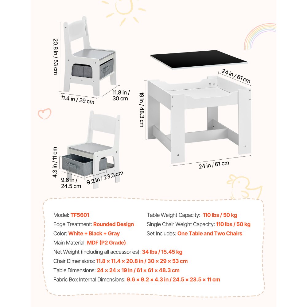 VEVOR Kids Table and 2 Chairs Set, Toddler Table and Chair Set with Storage Space under the Table, Cloth Storage Box under the Chairs, Wooden Desk for Art, Craft, Reading, Learning, Drawing, White