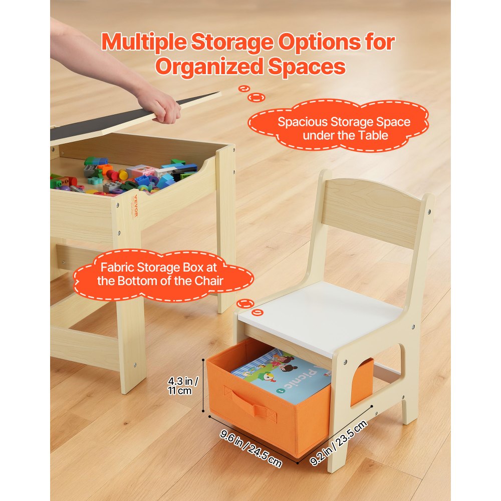 VEVOR Kids Table and 2 Chairs Set, Toddler Table and Chair Set with Storage Space under the Table, Cloth Storage Box under the Chairs, Wooden Desk for Art, Craft, Reading, Learning, Drawing, Burlywood