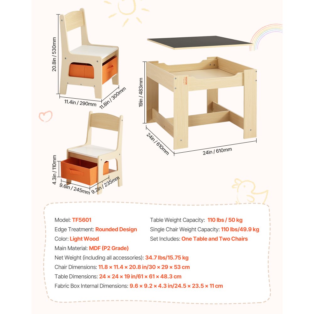 VEVOR Kids Table and 2 Chairs Set, Toddler Table and Chair Set with Storage Space under the Table, Cloth Storage Box under the Chairs, Wooden Desk for Art, Craft, Reading, Learning, Drawing, Burlywood