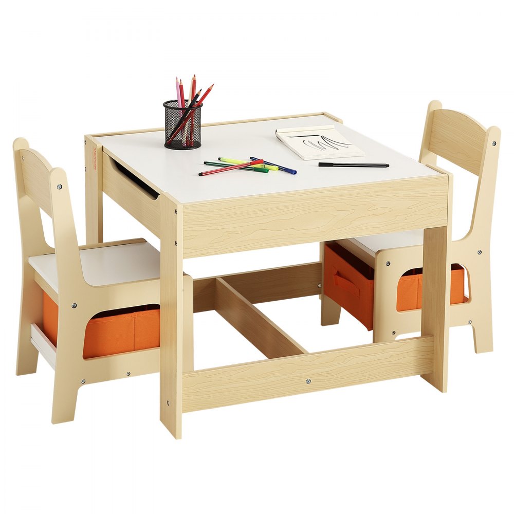 VEVOR Kids Table and 2 Chairs Set, Toddler Table and Chair Set with Storage Space under the Table, Cloth Storage Box under the Chairs, Wooden Desk for Art, Craft, Reading, Learning, Drawing, Burlywood