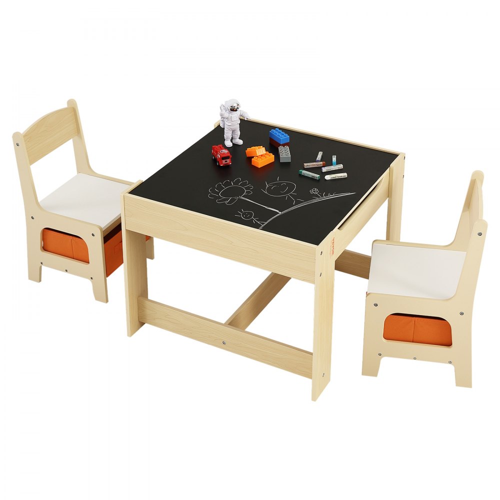VEVOR Kids Table and 2 Chairs Set, Toddler Table and Chair Set with Storage Space under the Table, Cloth Storage Box under the Chairs, Wooden Desk for Art, Craft, Reading, Learning, Drawing, Burlywood