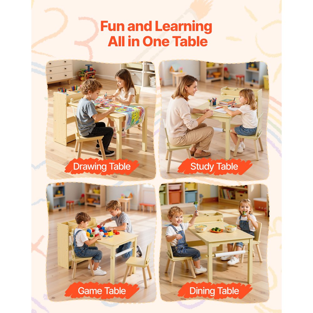 VEVOR Kids Art Table and Chair Set, Toddler Craft Table with 3 Tiers Storage Cabinet, Wooden Kids Activity Play Desk with 2 Chairs, Craft Play Desk for Reading, Learning, Drawing, Writing, Light Wood