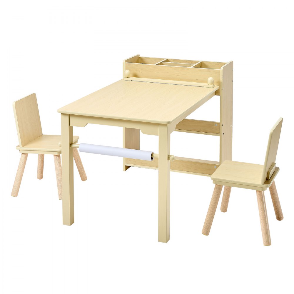 VEVOR Kids Art Table and Chair Set, Toddler Craft Table with 3 Tiers Storage Cabinet, Wooden Kids Activity Play Desk with 2 Chairs, Craft Play Desk for Reading, Learning, Drawing, Writing, Light Wood