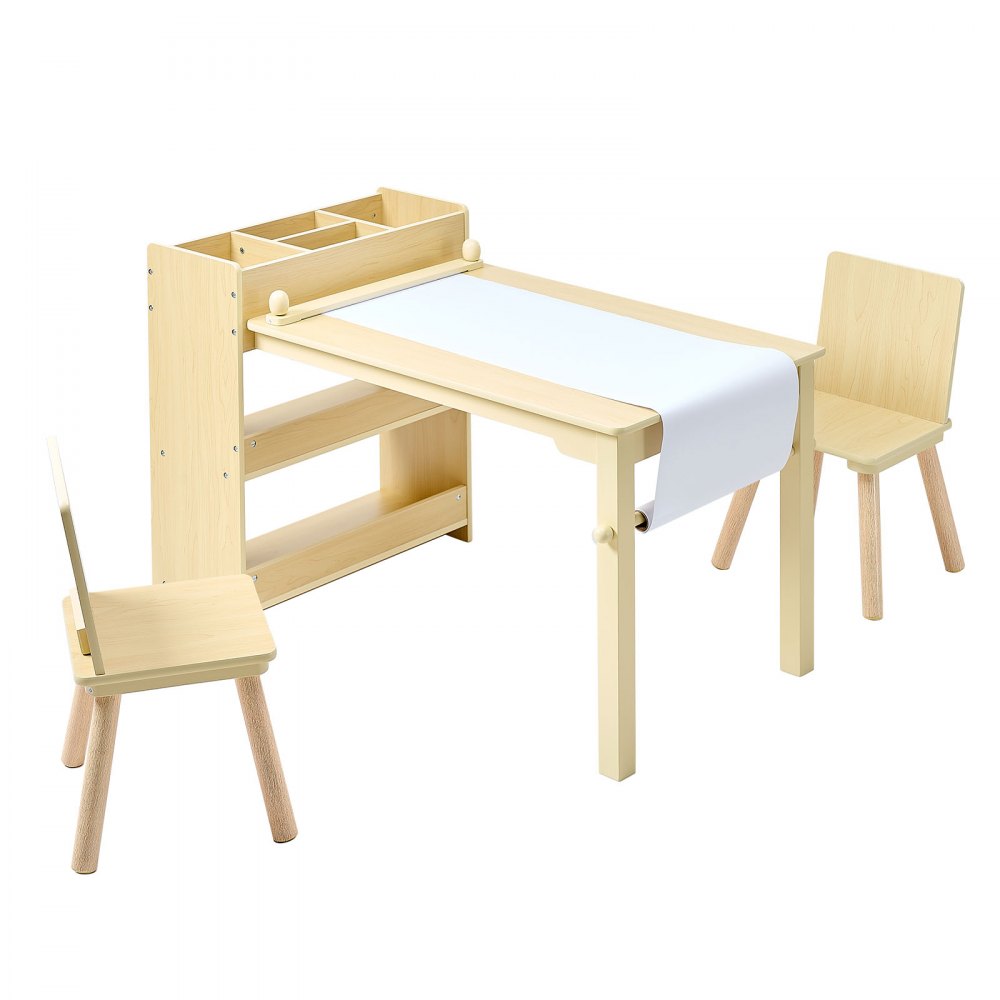 VEVOR Kids Art Table and Chair Set, Toddler Craft Table with 3 Tiers Storage Cabinet, Wooden Kids Activity Play Desk with 2 Chairs, Craft Play Desk for Reading, Learning, Drawing, Writing, Light Wood