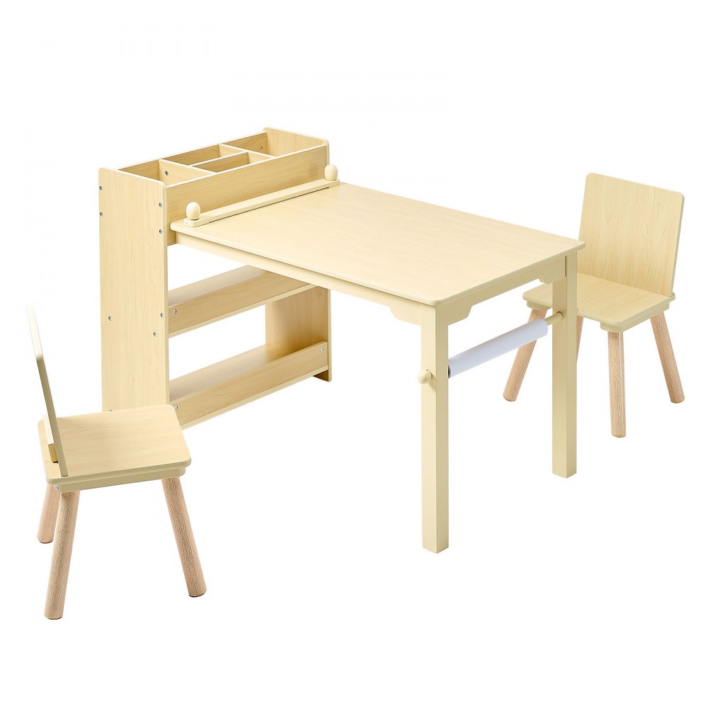 VEVOR Kids Art Table and Chair Set, Toddler Craft Table with 3 Tiers Storage Cabinet, Wooden Kids Activity Play Desk with 2 Chairs, Craft Play Desk for Reading, Learning, Drawing, Writing, Light Wood
