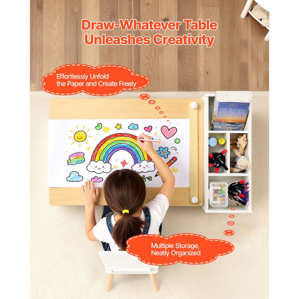 VEVOR Kids Art Table and Chair Set, Toddler Craft Table with 3 Tiers Storage Cabinet, Wooden Kids Activity Play Desk with 2 Chairs, Art Craft Play Desk for Reading, Learning, Drawing, Writing, White