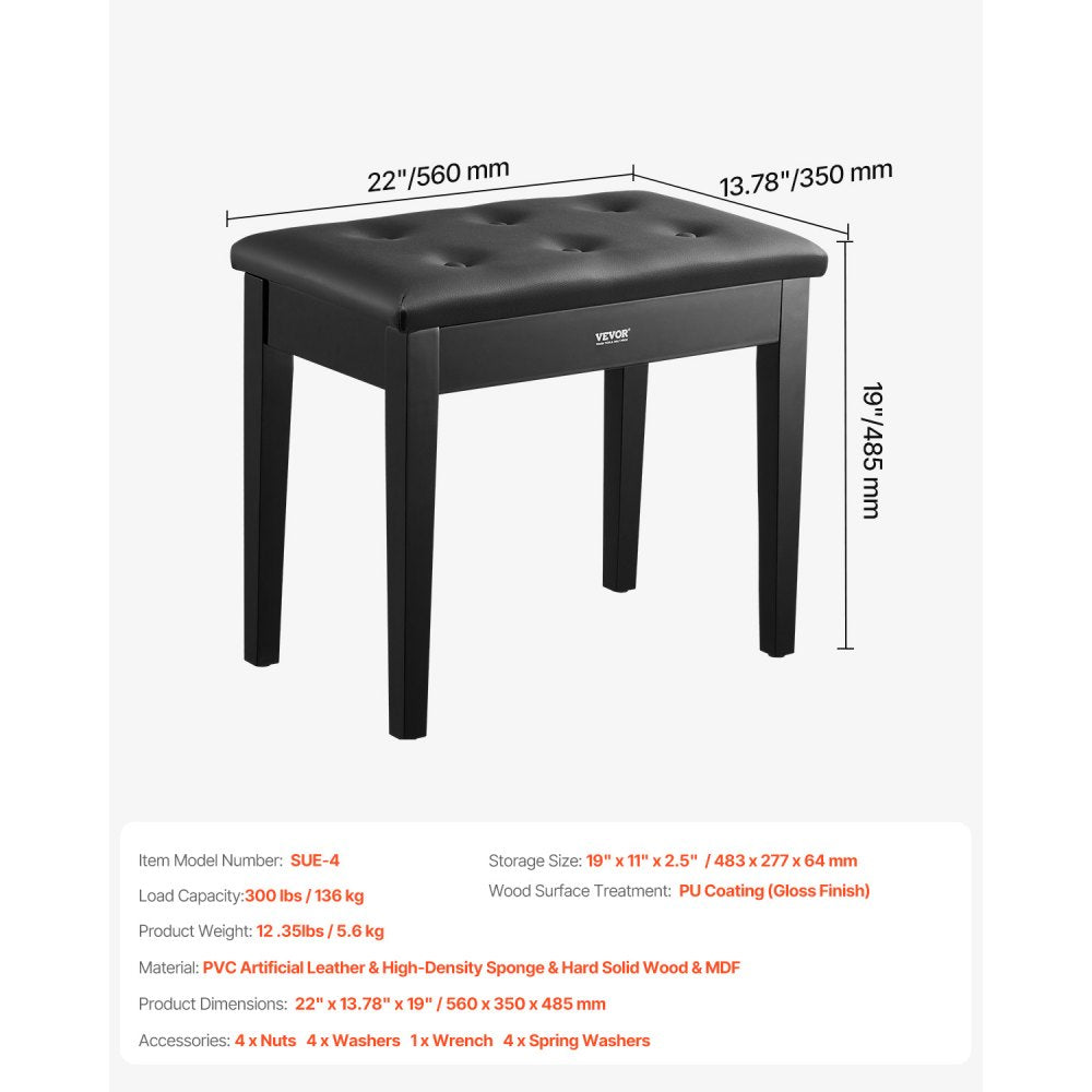 VEVOR Piano Bench, 22" x 13.78" x 19", Keyboard Piano Chair with High-Density Padded Cushion, Storage Compartment for Music Books, Wooden Piano Bookcase Stool Seat, for Vanity, Living Room, Bedroom