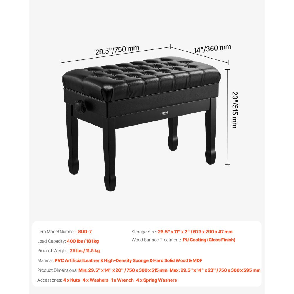 VEVOR Piano Bench, 29.5" x 14" x 20.3", Duet Keyboard Piano Chair with 20.3"-23.4” Adjustable Height, Padded Cushion, Storage Compartment for Music Books, Wooden Piano Stool Seat, for Vanity, Bedroom