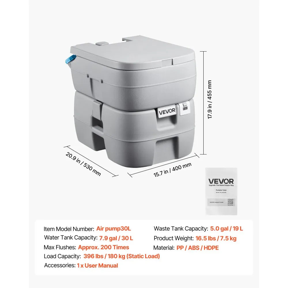 VEVOR Portable Toilet, 7.9 Gallon Detachable Waste Tank, 200 Flushes, Camping Toilet for Adults, Outdoor Travel Potty with Level Indicator, Suitable for RV Travel, Camping, Hiking, Boating and Trips