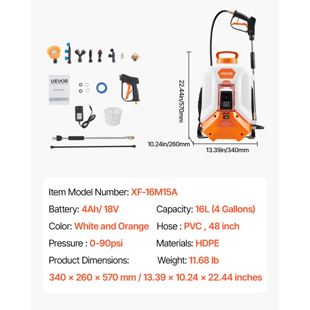 VEVOR Battery Powered Backpack Sprayer, 4 Gallons Electric Backpack Sprayer, 2 Wands & 8 Nozzles, Adjustable 0-90 PSI, 4H Runtime, Portable Yard Garden Lawn Sprayers for Weeding Spraying Cleaning