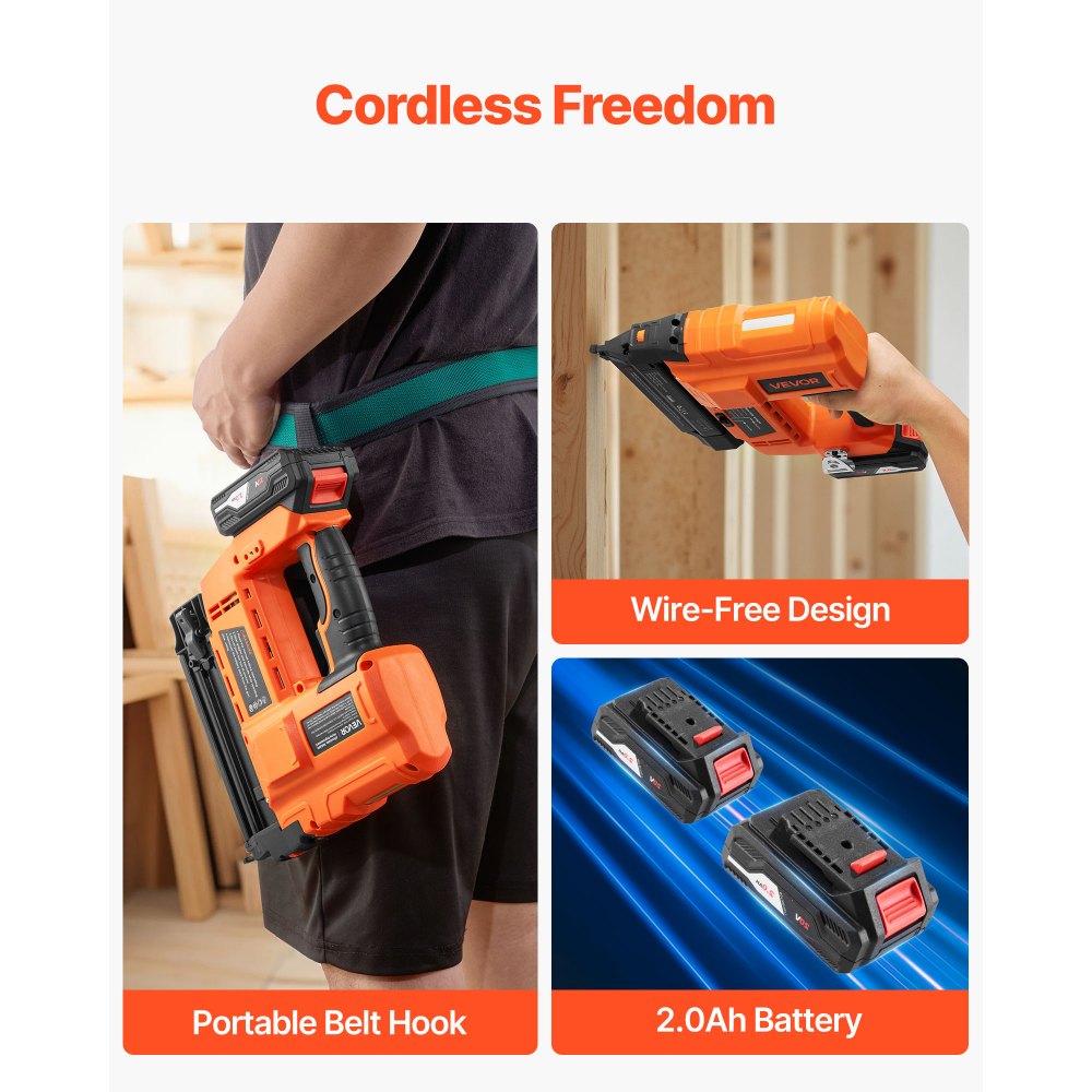 VEVOR 2-in-1 Cordless Brad Nailer, 18 Gauge, 20V Battery Powered Nail Gun and Staple Gun, with 500 pcs Nails, 500 pcs Staples, 2 x 2.0 Ah Li-ion Batteries, Charger, for Home Improvement, Woodworking