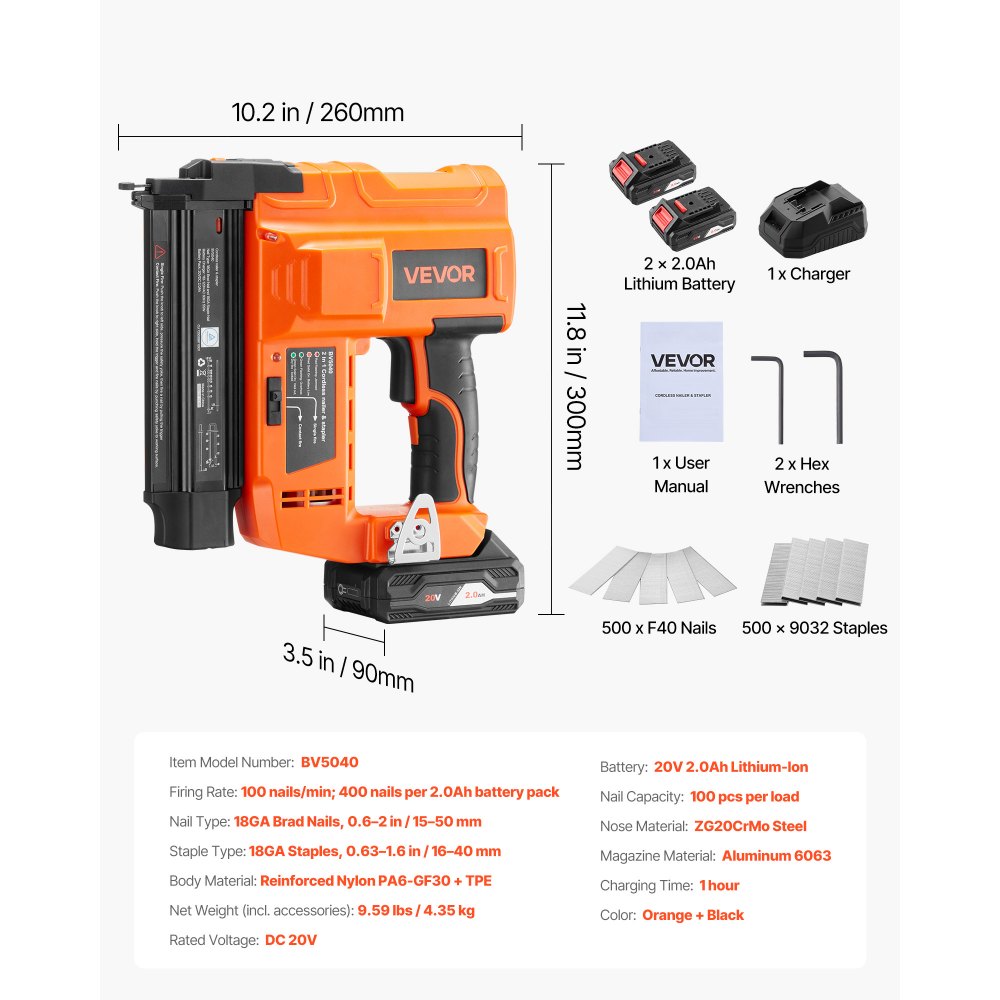 VEVOR 2-in-1 Cordless Brad Nailer, 18 Gauge, 20V Battery Powered Nail Gun and Staple Gun, with 500 pcs Nails, 500 pcs Staples, 2 x 2.0 Ah Li-ion Batteries, Charger, for Home Improvement, Woodworking