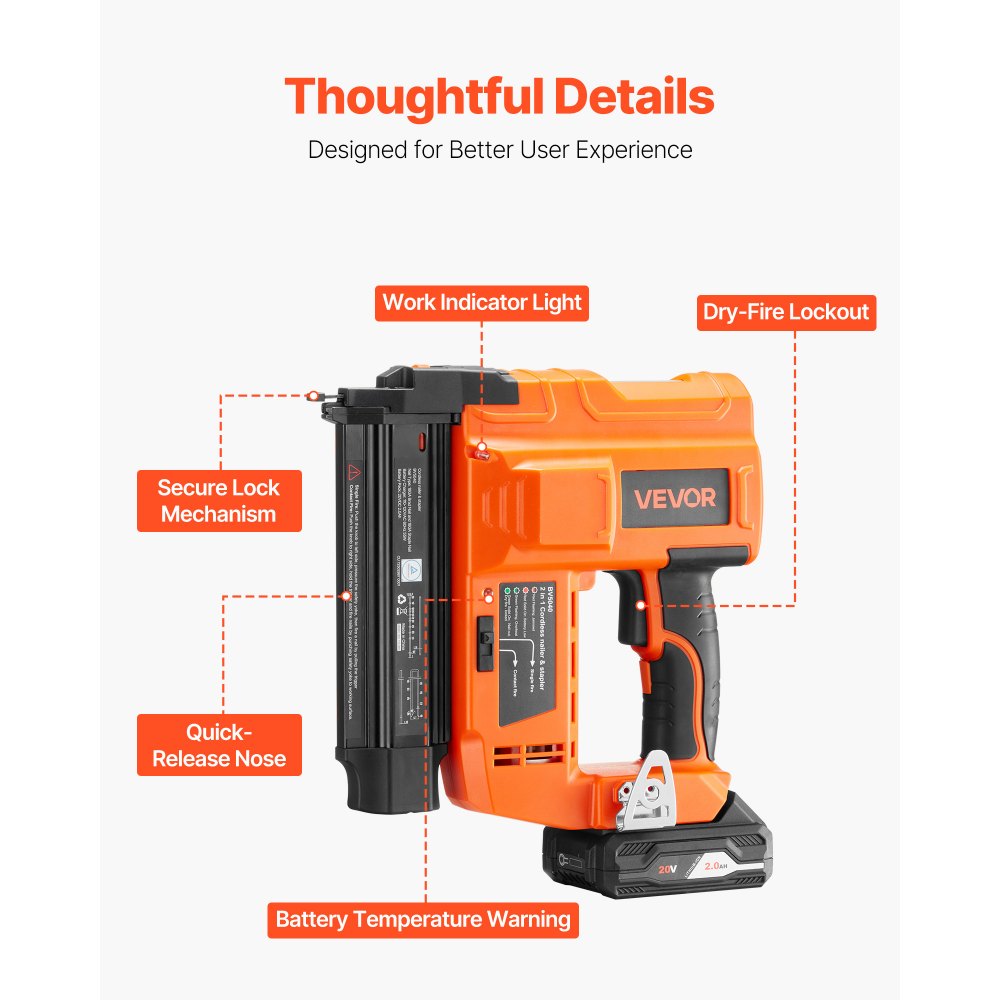 VEVOR 2-in-1 Cordless Brad Nailer, 18 Gauge, 20V Battery Powered Nail Gun and Staple Gun, with 500 pcs Nails, 500 pcs Staples, 2.0 Ah Li-ion Battery and Charger, for Home Improvement, Woodworking