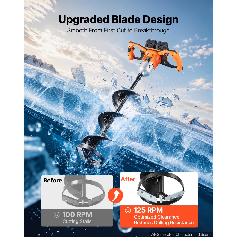 VEVOR Electric Ice Auger 40V Lithium Battery 8" 2 in 1 Cordless Earth Auger, for Ice Fishing & Gardening, Turbo High-Speed Cutting System, Cold-Resistant Post Hole Digger with Drill Bits, Orange/Black