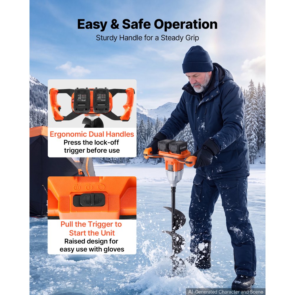 VEVOR Electric Ice Auger 40V Lithium Battery 8" 2 in 1 Cordless Earth Auger, for Ice Fishing & Gardening, Turbo High-Speed Cutting System, Cold-Resistant Post Hole Digger with Drill Bits, Orange/Black
