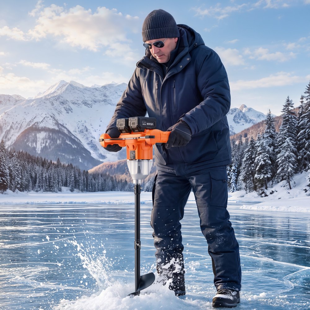 VEVOR Electric Ice Auger 40V Lithium Battery 8" 2 in 1 Cordless Earth Auger, for Ice Fishing & Gardening, Turbo High-Speed Cutting System, Cold-Resistant Post Hole Digger with Drill Bits, Orange/Black