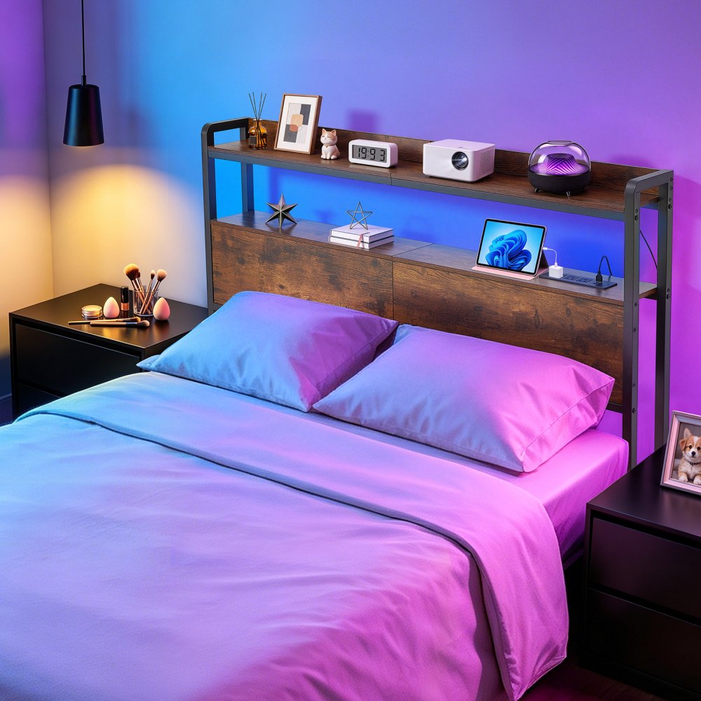 VEVOR Headboard for Full Size Bed, with 2 Storage Shelves, LED Light, 3 Outlets, and 3 USB Ports, Sturdy and Stable Carbon Steel Frame Head Board with Charging Station, Adjustable Height, Black