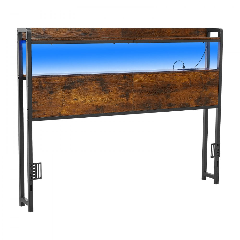 VEVOR Headboard for Full Size Bed, with 2 Storage Shelves, LED Light, 3 Outlets, and 3 USB Ports, Sturdy and Stable Carbon Steel Frame Head Board with Charging Station, Adjustable Height, Black