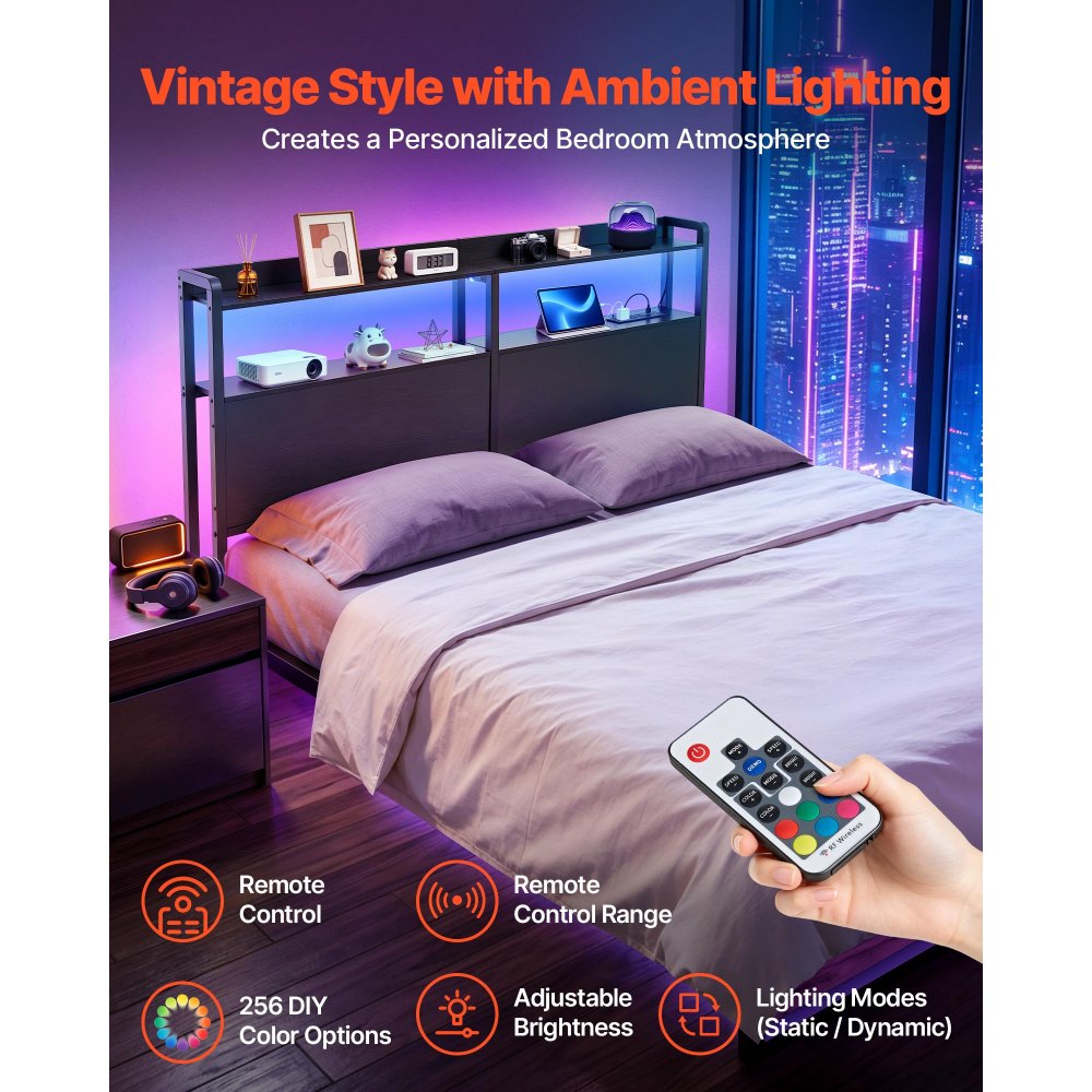 VEVOR Headboard for Queen Size Bed, with 2 Storage Shelves, LED Light, 3 Outlets, and 3 USB Ports, Sturdy and Stable Carbon Steel Frame Head Board with Charging Station, Adjustable Height, Black