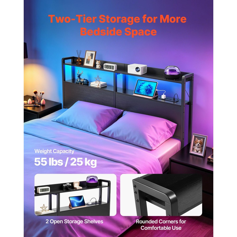 VEVOR Headboard for Queen Size Bed, with 2 Storage Shelves, LED Light, 3 Outlets, and 3 USB Ports, Sturdy and Stable Carbon Steel Frame Head Board with Charging Station, Adjustable Height, Black